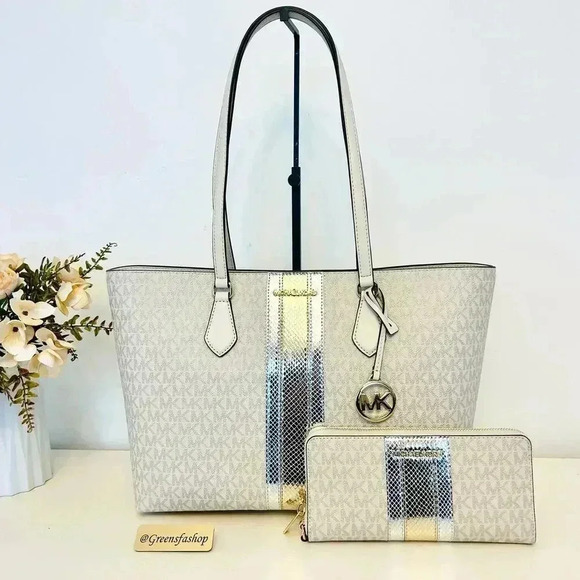 Michael Kors Handbags - Michael Kors Purse & Wallet Sheila Large Signature & Metallic Tote Bag Pale Gold